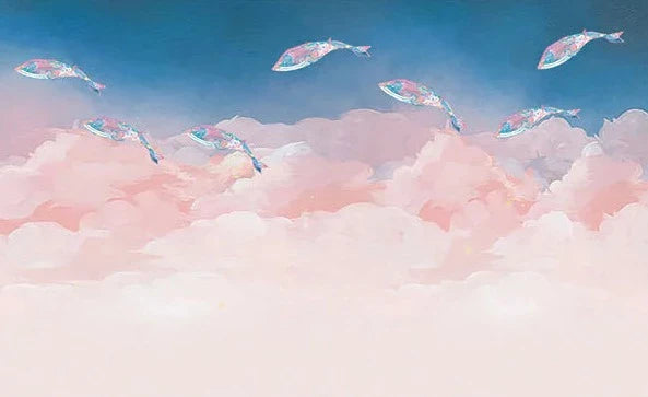 Papier peint poissons volants et nuages roses