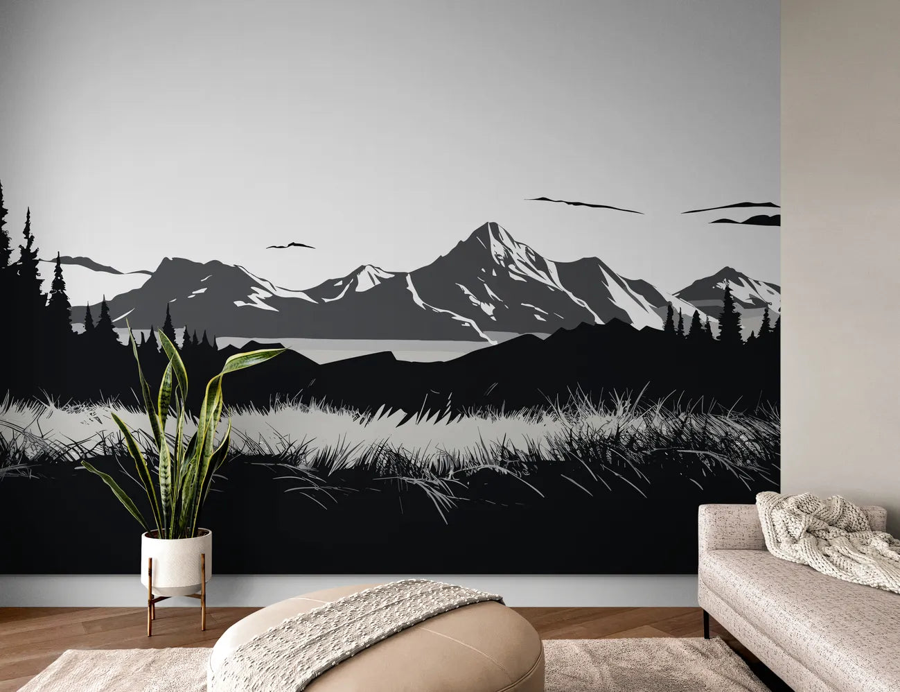 Papier peint Papier peint noir et blanc montagnes lointaines géométrique et scandinave,