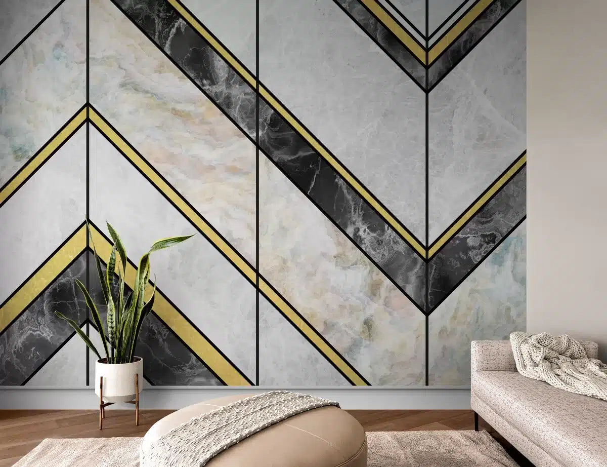 Papier peint Papier peint marbre gris et lignes noires et dorées géométrique audacieux, luxueux