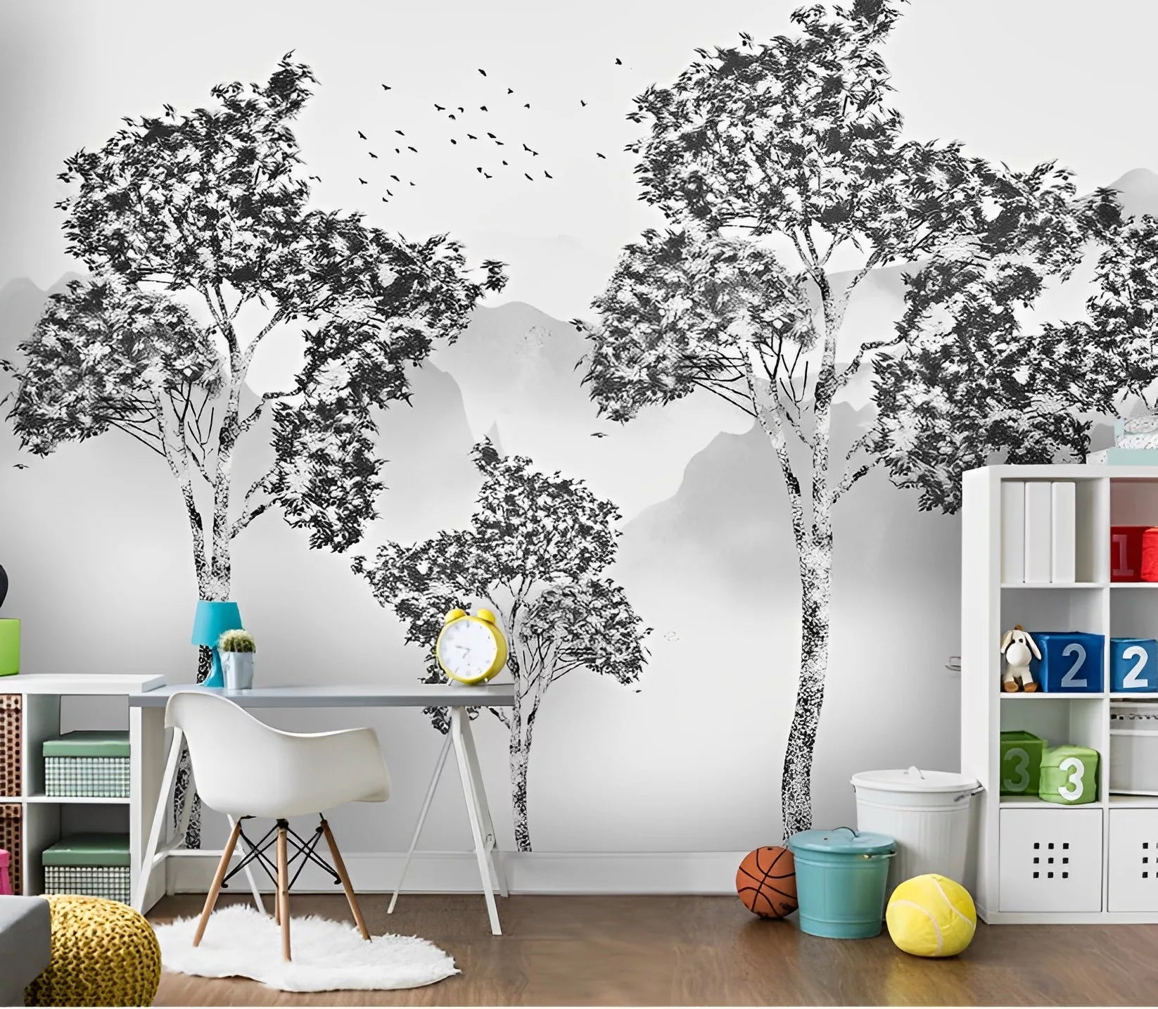 Papier peint Papier peint arbres noir et blanc paisible et