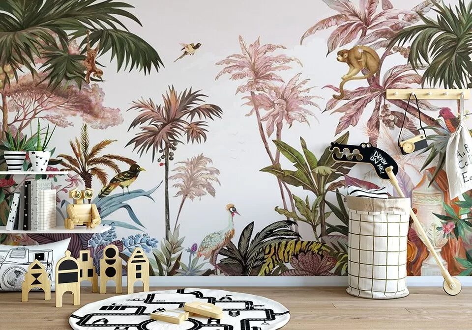 Papier peint Papier peint jungle tropicale et animaux panoramique de jungle bohème