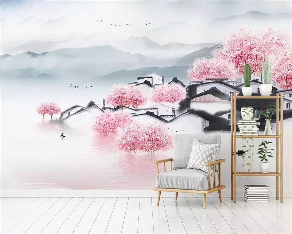 Papier peint Papier peint japonais cabanes de pêcheurs et cerisiers en fleurs douces et paisible