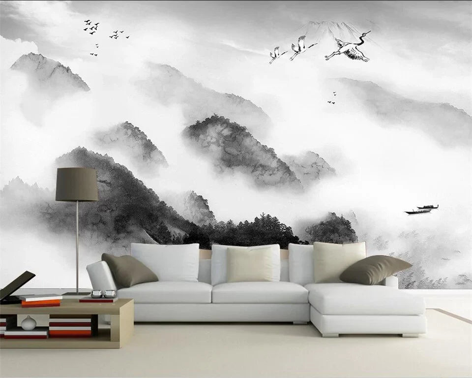 Papier peint Papier peint panoramique noir et blanc montagnes et brume zen et