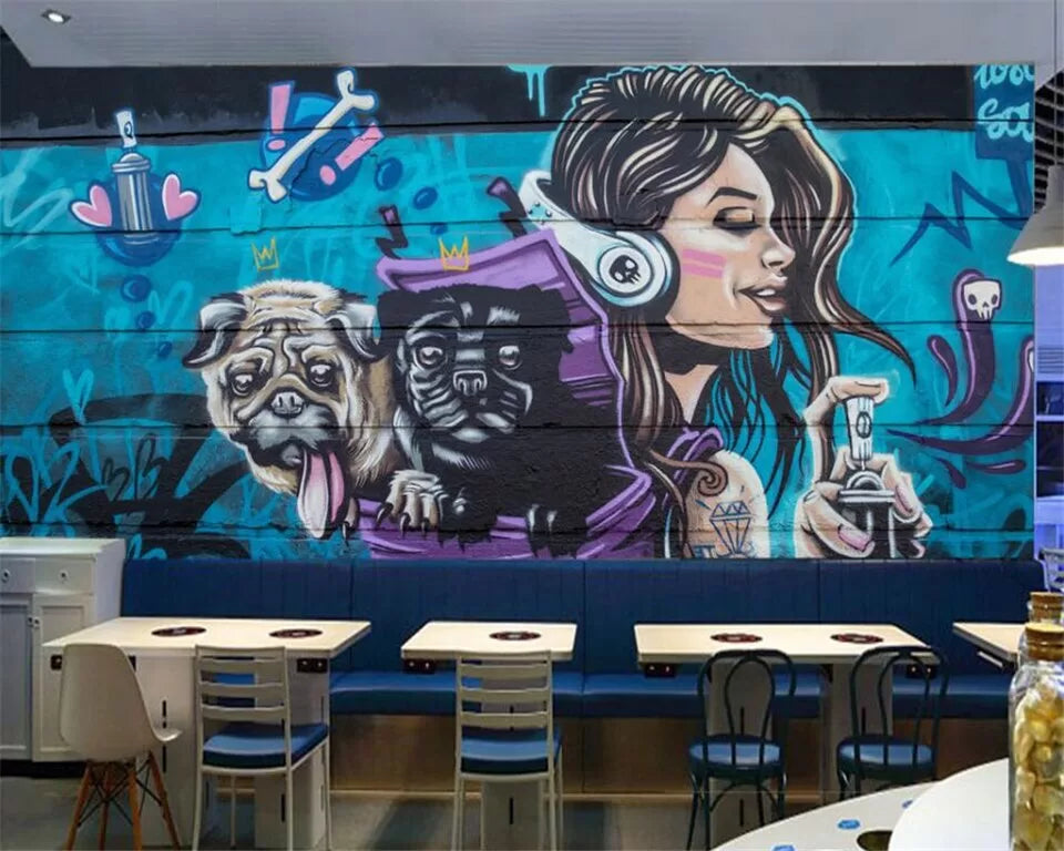 Papier peint Papier peint graffiti femme et bouledogues de style vives