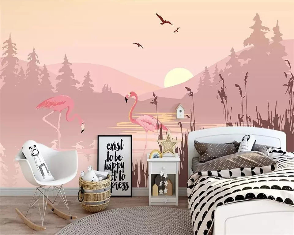 Papier peint Papier peint flamants roses coucher de soleil évoque une paisible