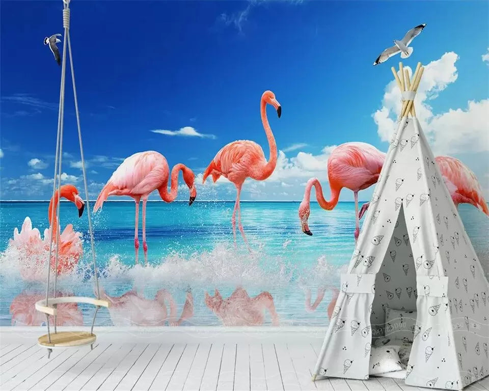 Papier peint Papier peint panoramique flamants roses dans l'eau estivale et