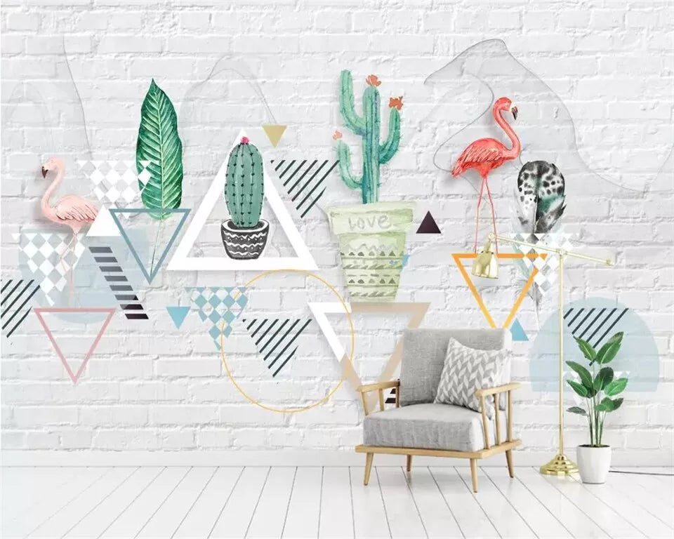 Papier peint Papier peint géométrique cactus et flamants roses géométriques, des pastel
