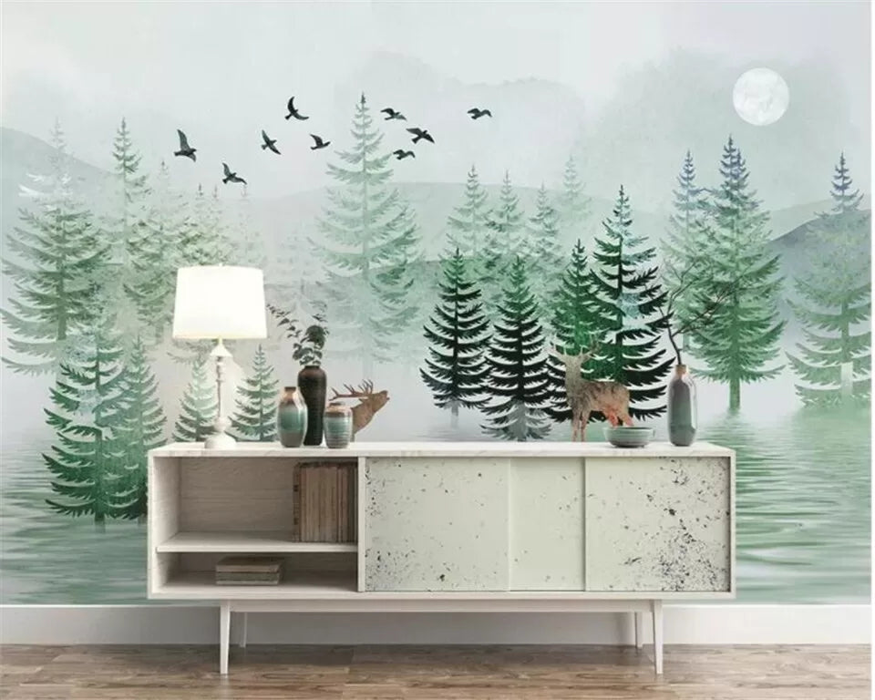 Papier peint Papier peint enfant paysage forêt de sapin et cerfs évoque une scandinave,