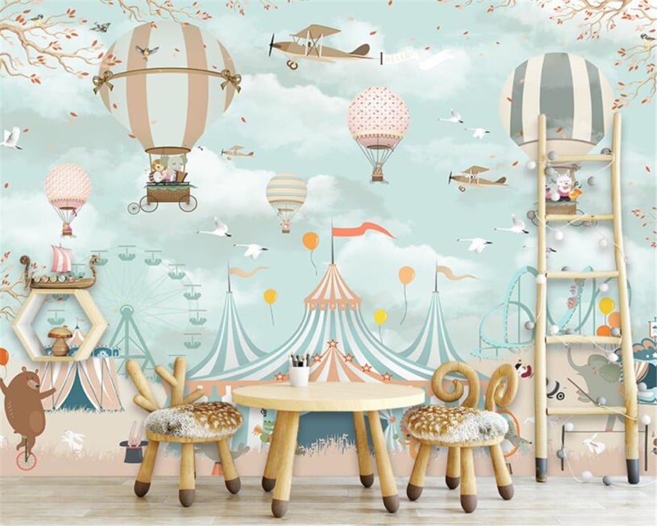 Papier peint Papier peint enfant chapiteaux, montgolfières et avions de cirque vintage