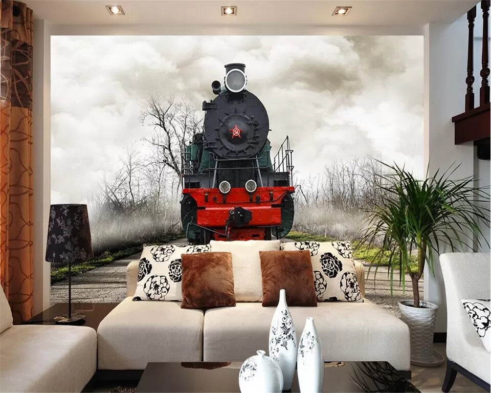 Papier peint Papier peint train noir et rouge vives et vintage,