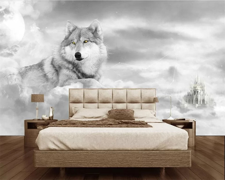 Papier peint Papier peint loup noir et blanc onirique, inspirée
