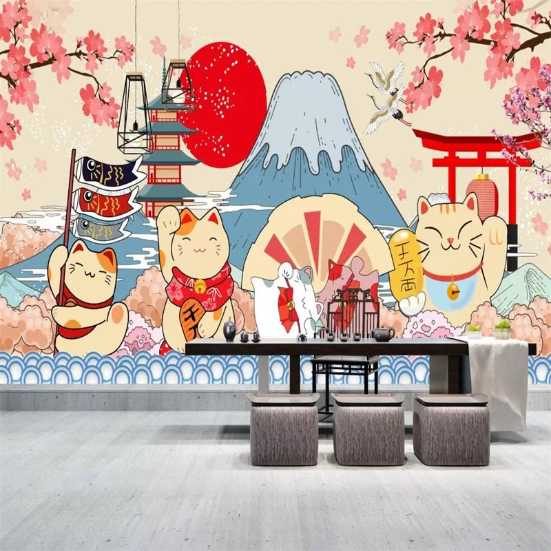 Papier peint Papier peint japonais chats et montagne enchanteur inspiré douces