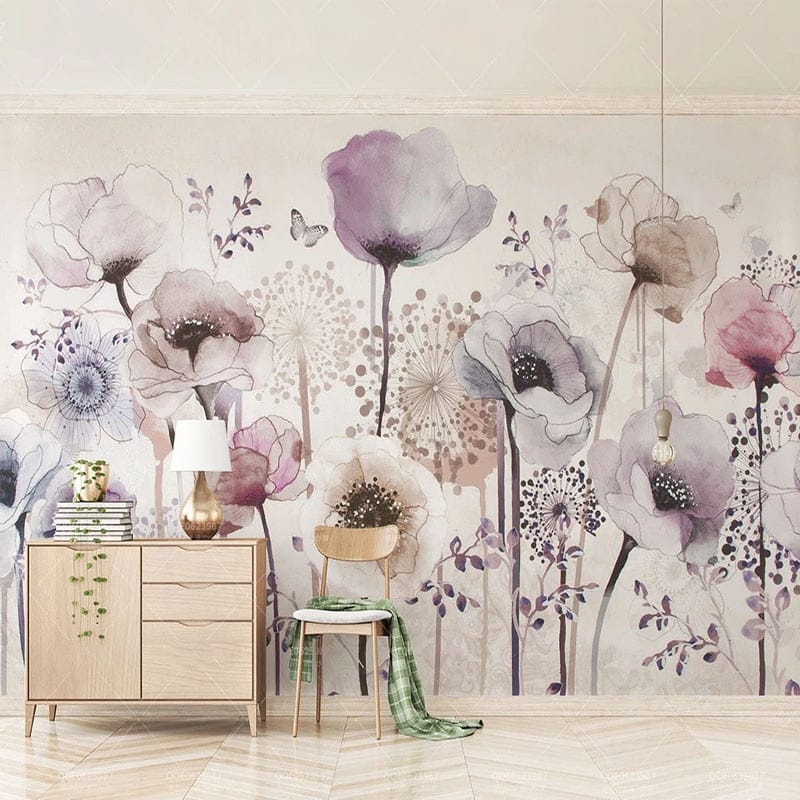 Papier peint Papier peint panoramique fleurs violette évoque un bohème,