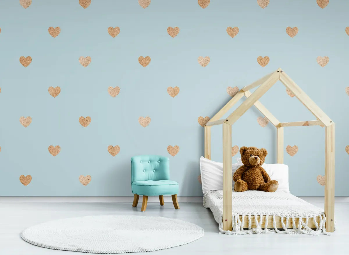 Papier peint Papier peint enfant coeur marron fond bleu de cœurs scandinave,