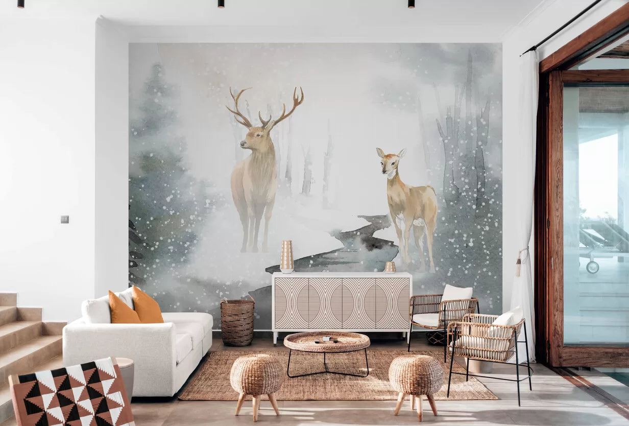 Papier peint Papier peint paysage forêt enneigée et cerfs aquarelle d'inspiration évoquant