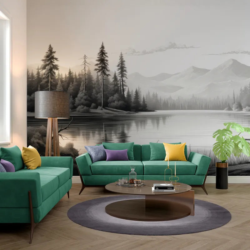 Papier peint Papier peint paysage lac noir et blanc met en sereine