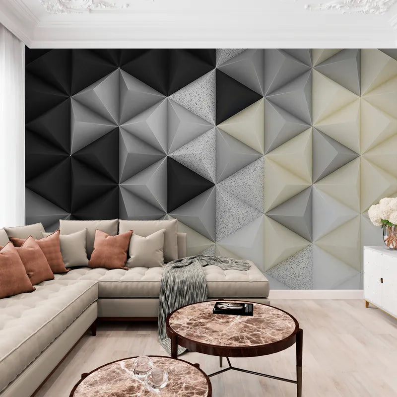 Papier peint Papier peint 3D triangles noir blanc gris et beige géométrique abstrait contemporain,
