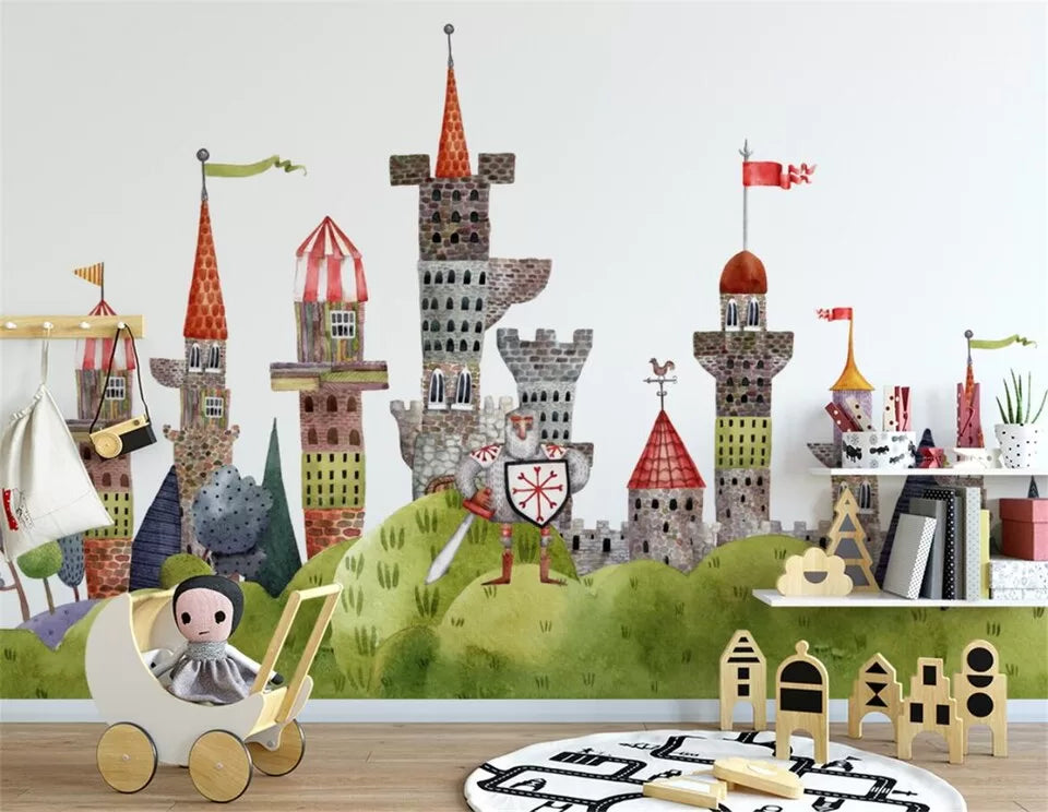 Papier peint Papier peint enfant château et chevalier vives, avec enfantine