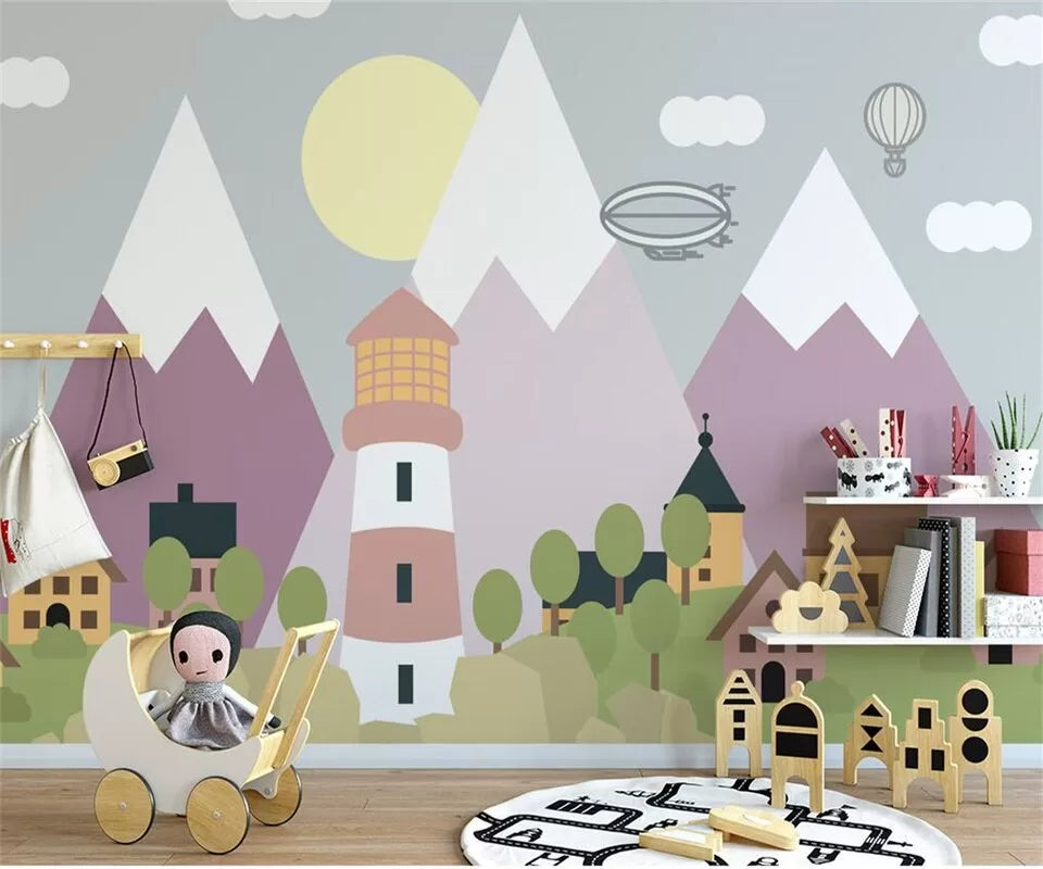Papier peint Papier peint enfant village et montagnes roses scandinave, il paisible