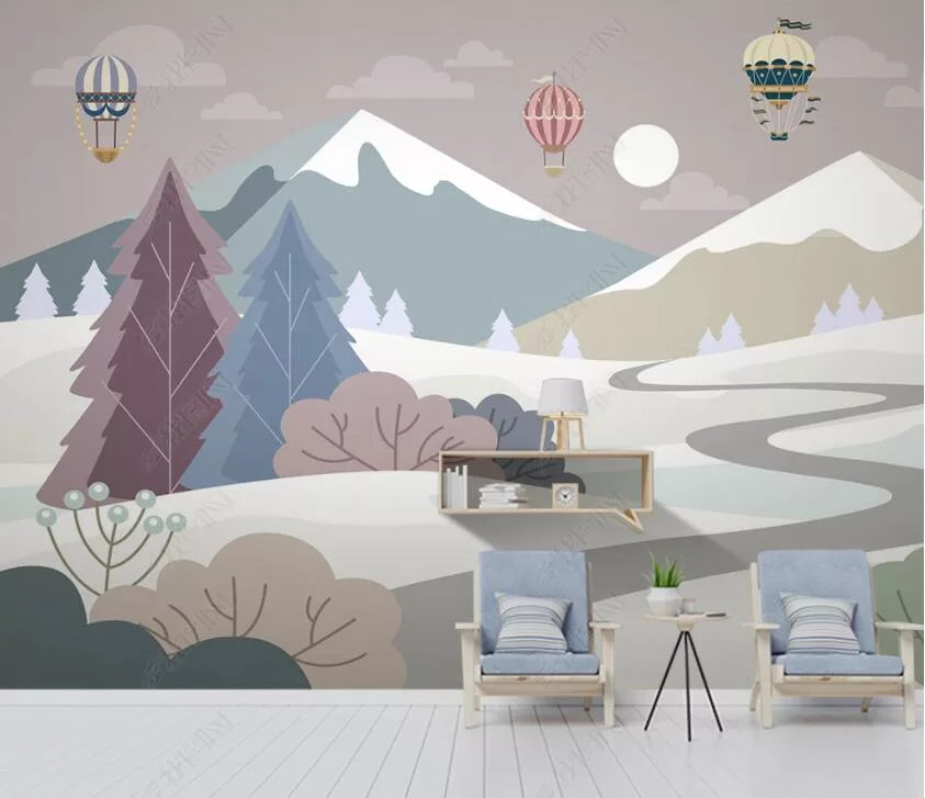 Papier peint Papier peint enfant route de montagne et montgolfières scandinave, il douces,