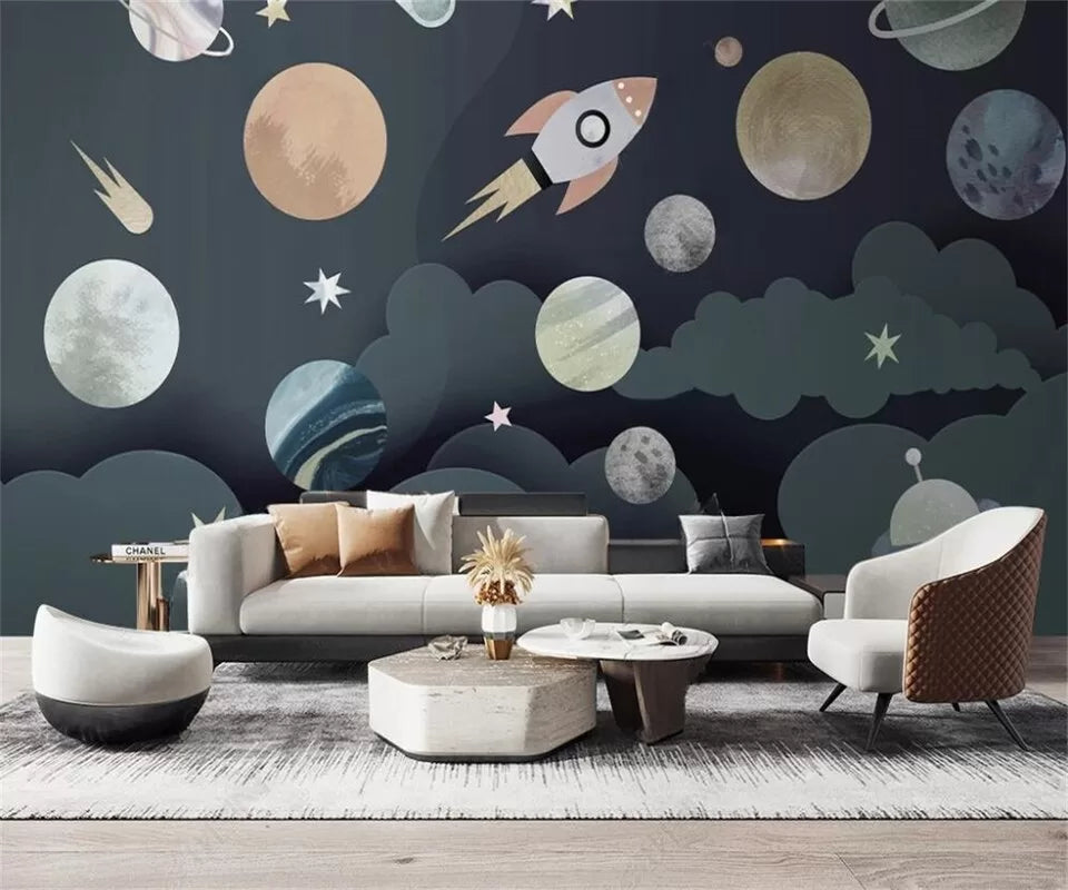 Papier peint Papier peint enfant planètes et fusée spatial ludique, aux