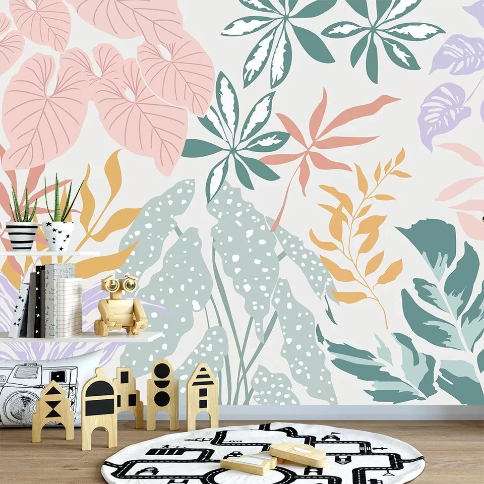 Papier peint Papier peint nordique feuillage tropical colorée végétal stylisé pastel
