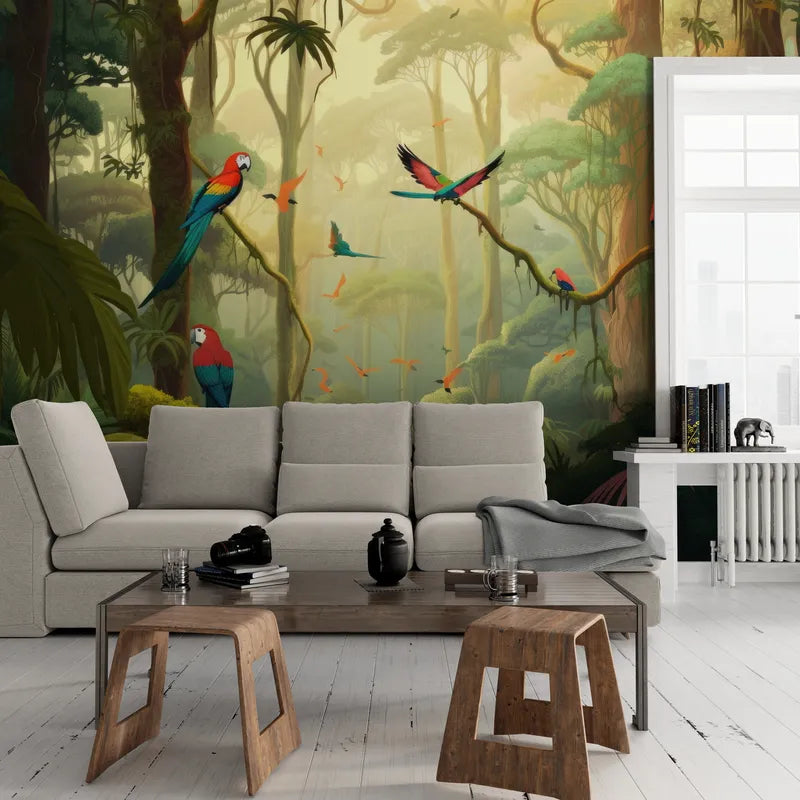 Papier peint Papier peint forêt tropicale et oiseaux d'inspiration exotique vives