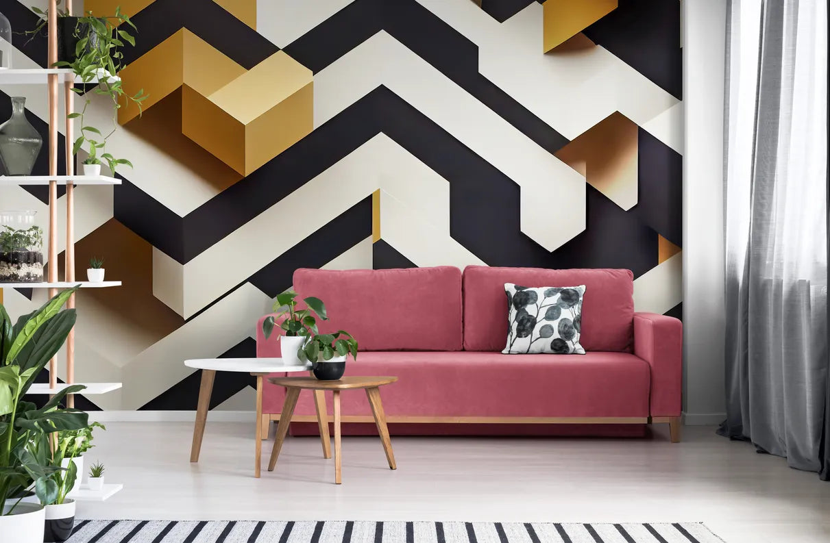 Papier peint Papier peint 3D géométrique noir jaune et blanc géométrique abstrait contemporain,