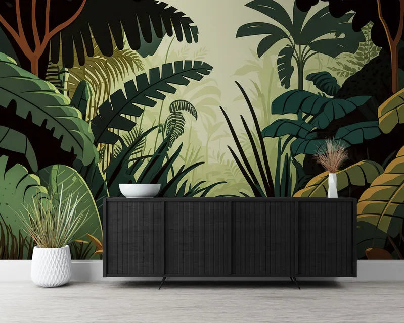 Papier peint Papier peint jungle arbres tropicaux luxuriant de graphique
