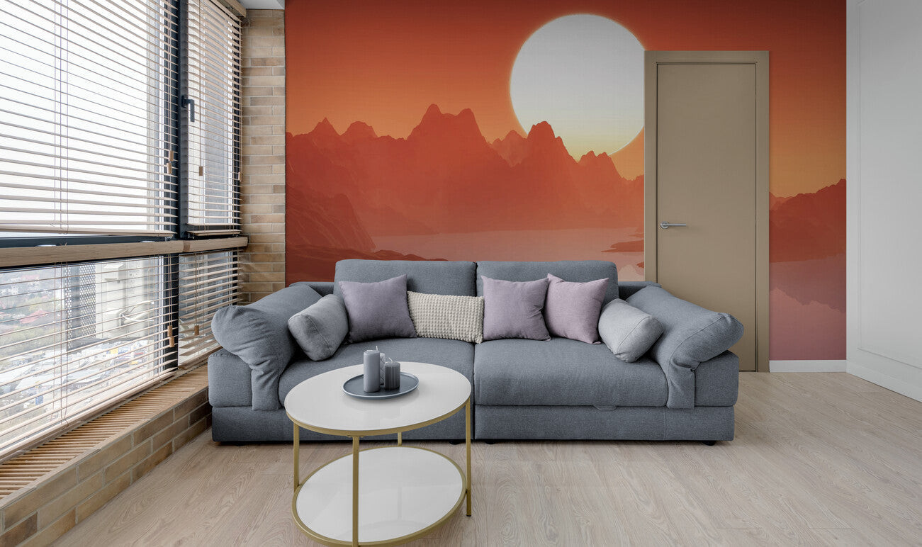 Papier peint Papier peint lever de soleil et montagnes invite au crépusculaire