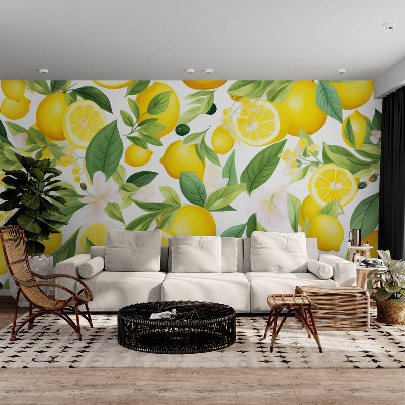 Papier peint Papier peint citrons jaunes floral luxuriant ensoleillée