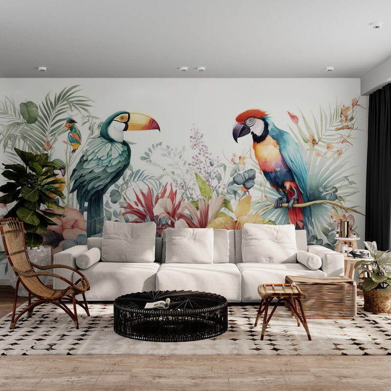 Papier peint Papier peint oiseaux et plantes tropicales aquarelle luxuriant, aux