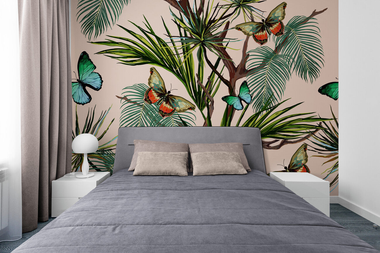 Papier peint Papier peint feuillage tropical abstrait et papillons luxuriant de apportera