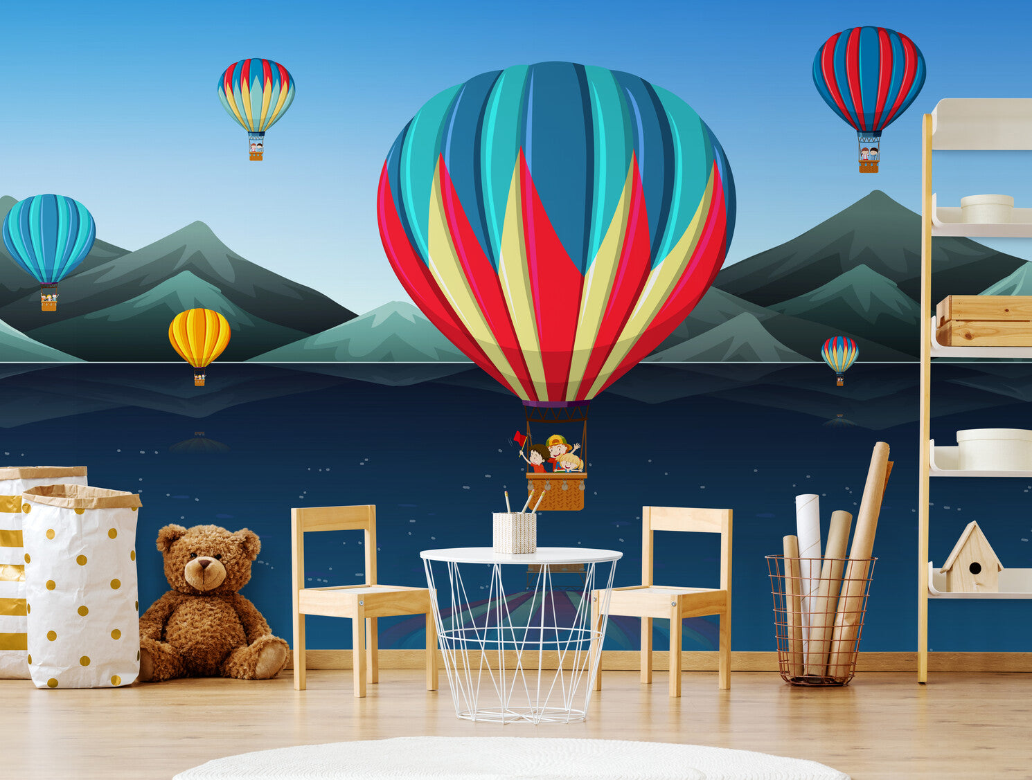 Papier peint Papier peint enfant montagnes géométriques et montgolfières de montgolfières enfantin