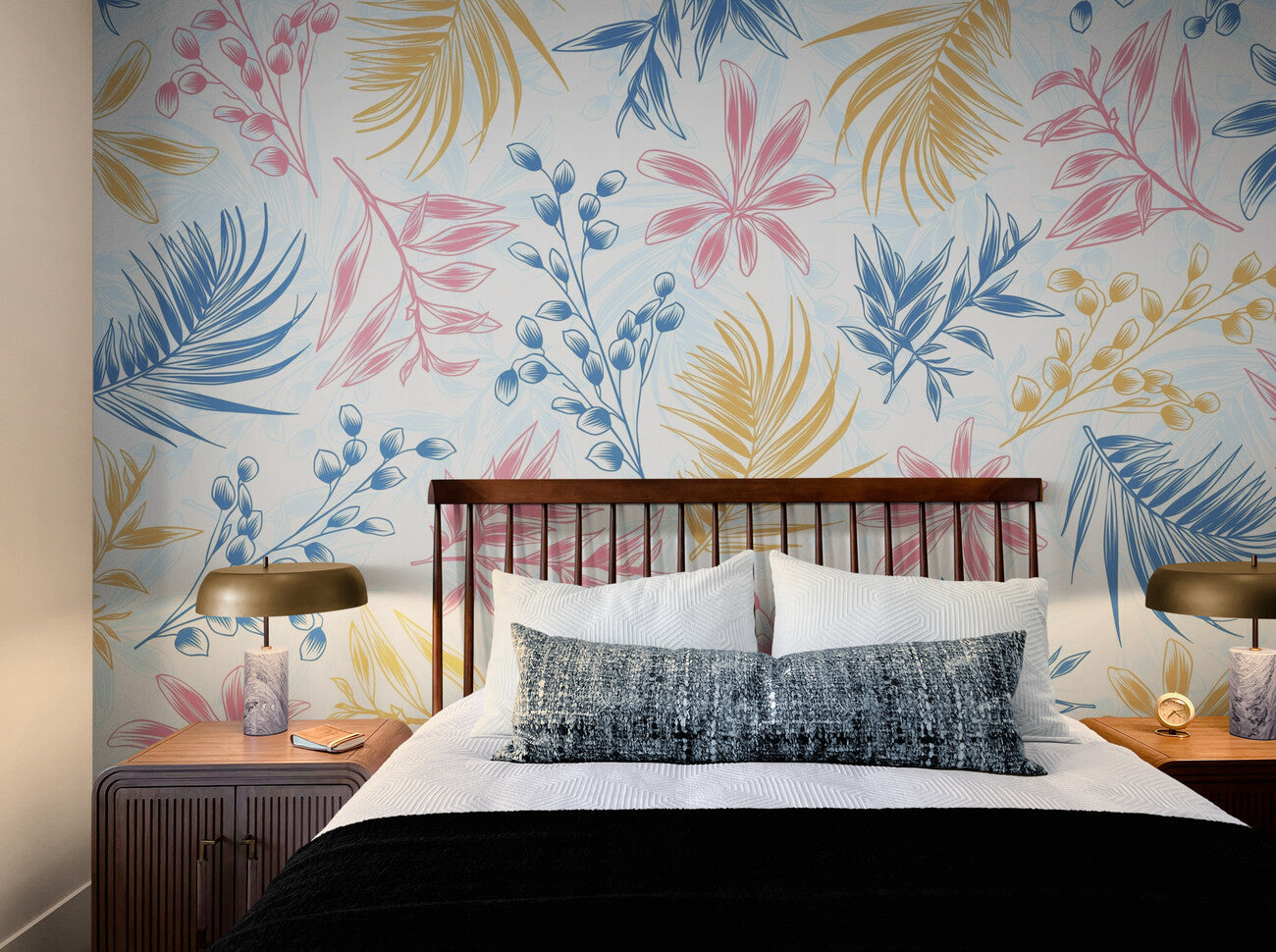 Papier peint Papier peint floral bleu, rose et blanc floral tropical bohème