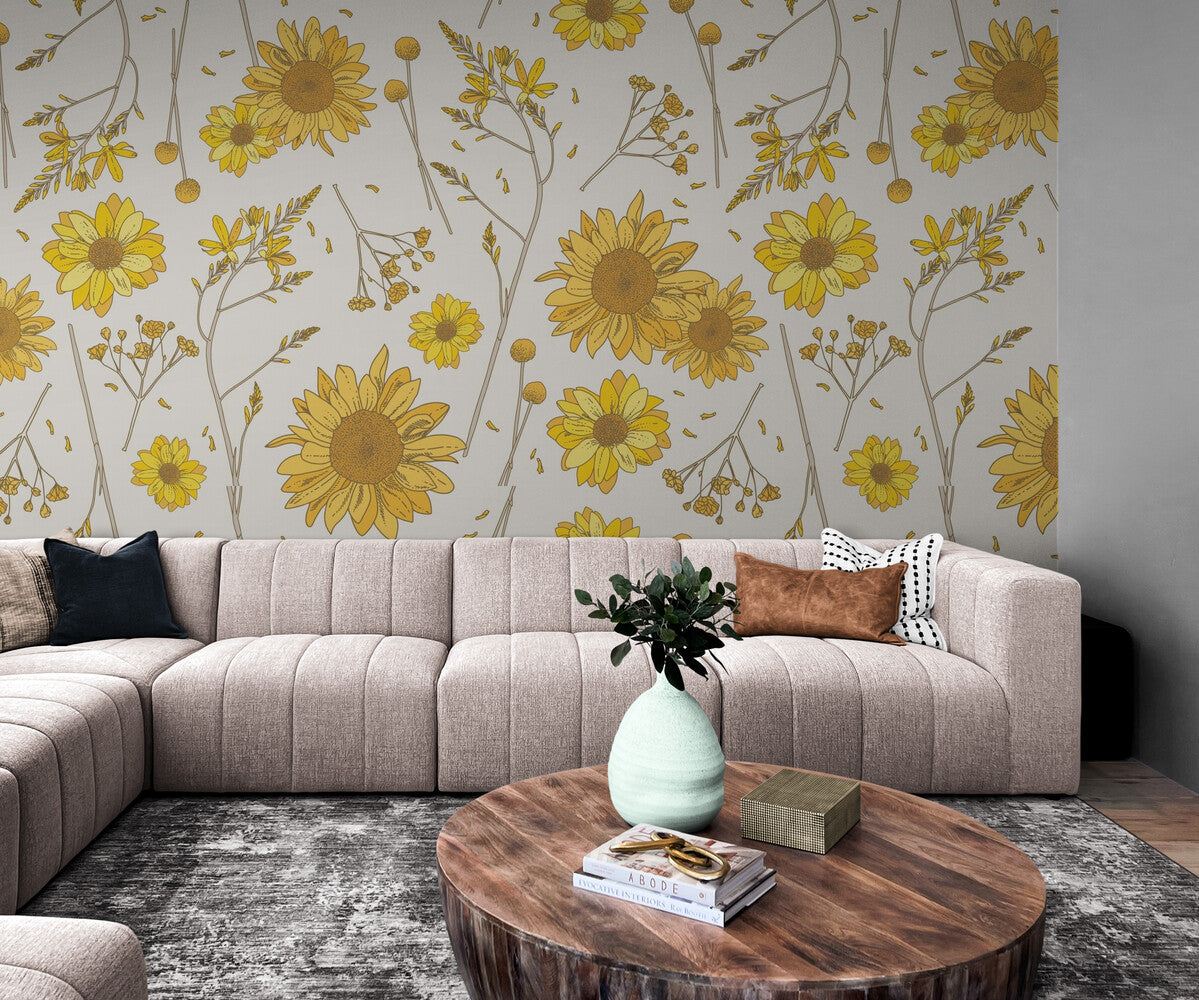 Papier peint Papier peint marguerites jaunes vintage floral rétro, vintage,