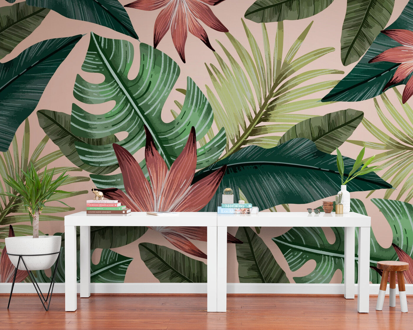 Papier peint Papier peint feuillage tropical rose et vert luxuriant de apporte