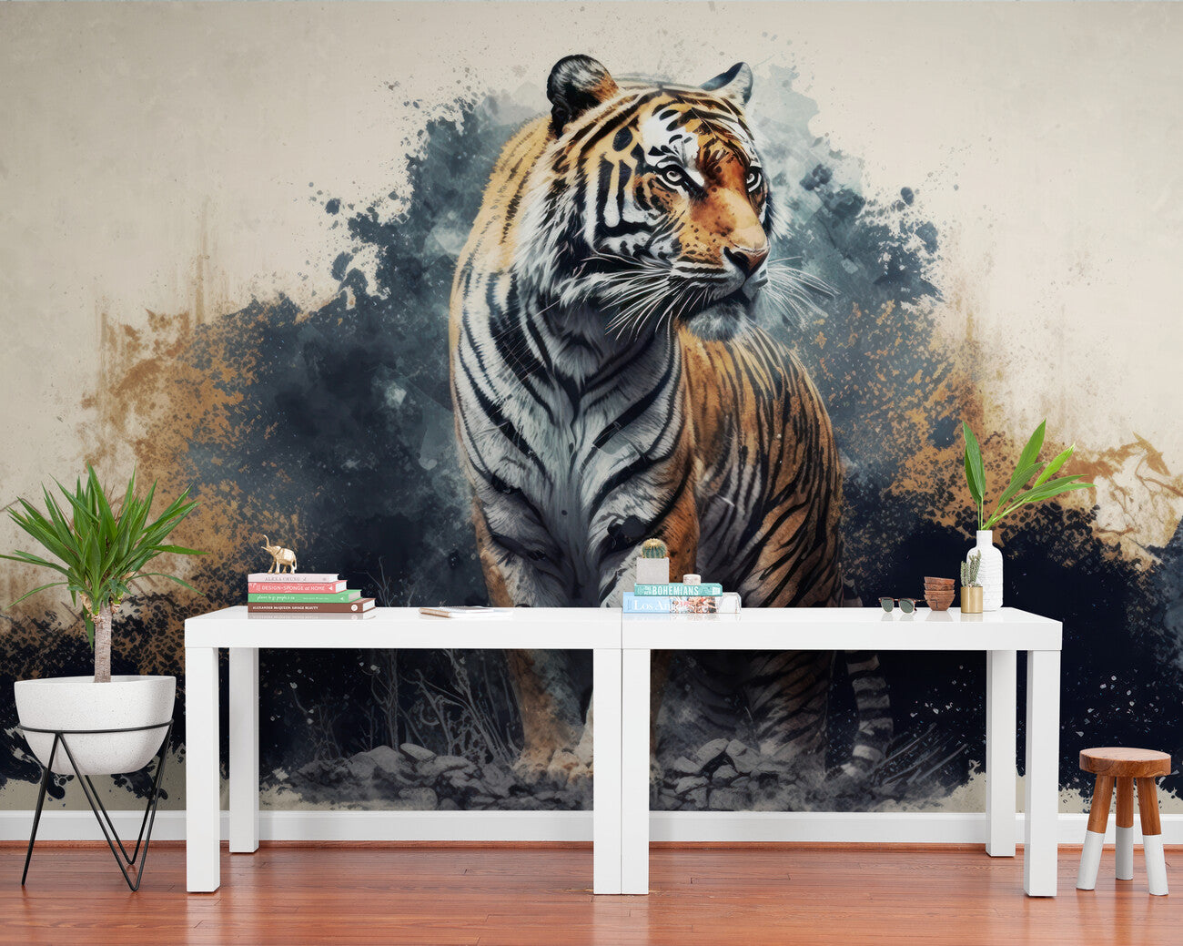 Papier peint Papier peint tropical tigre bleu chaudes et aquarelle,