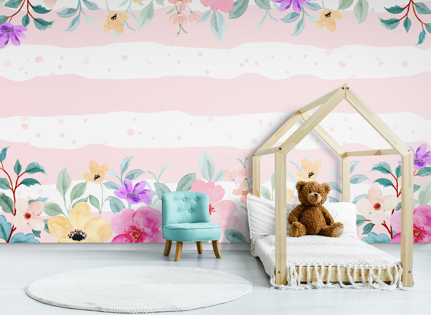 Papier peint Papier peint pastel fleurs et rayures roses floral aquarelle pastel