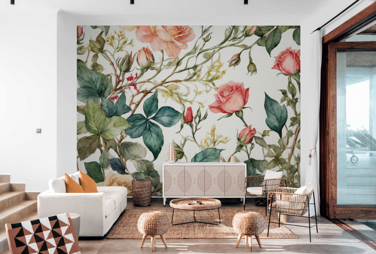 Papier peint Papier peint vintage fleurs roses romantique de floral