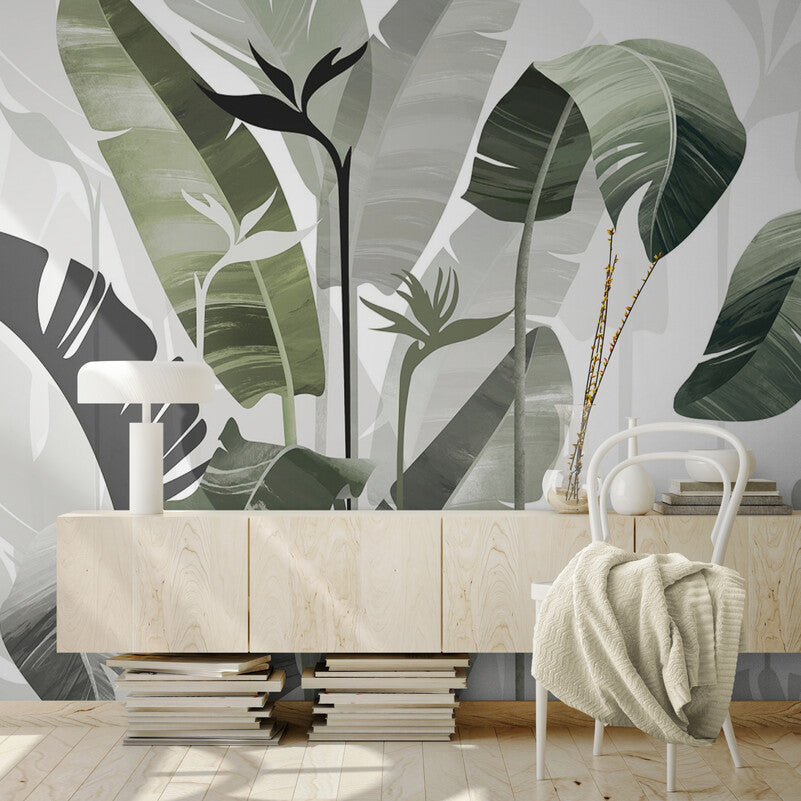 Papier peint Papier peint feuillage forêt tropicale verte végétal stylisé, épuré