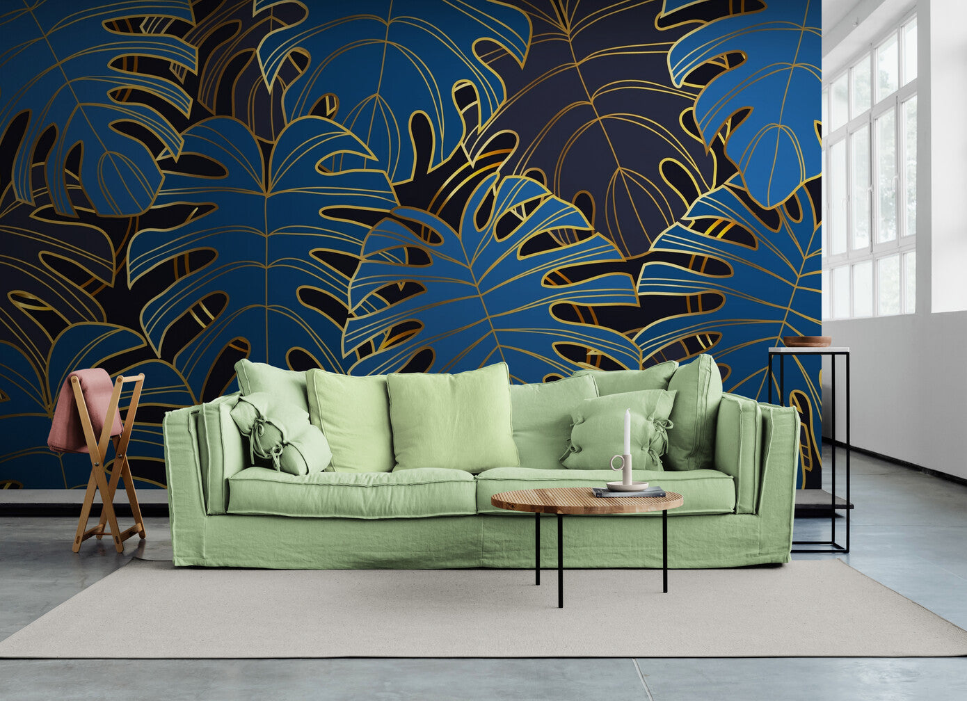 Papier peint Papier peint feuillage tropical gris, bleu et doré tropical sophistiqué, audacieux