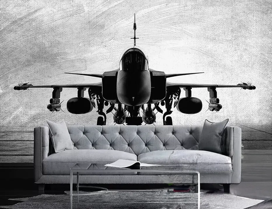 Papier peint Papier peint avion de chasse noir et blanc réaliste, inspiré militaire,