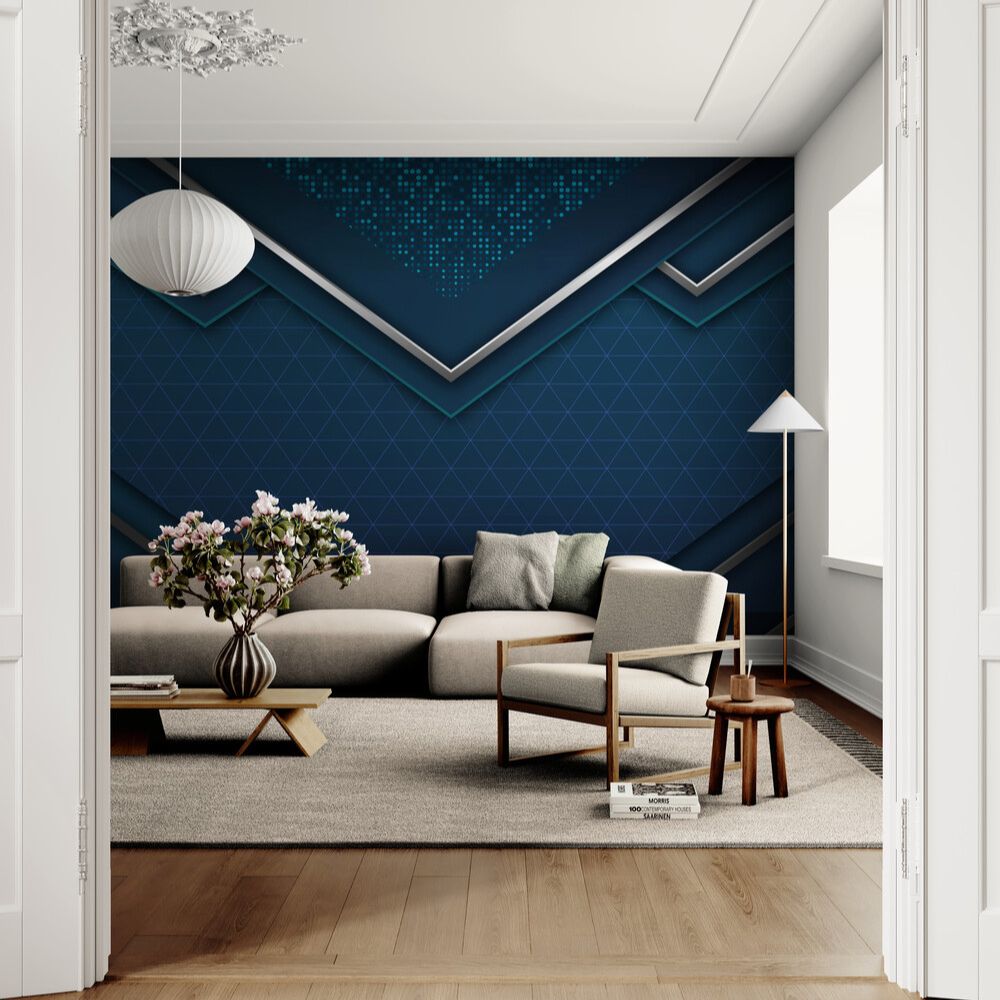 Papier peint bleu canard et argent mur salon tapisserie