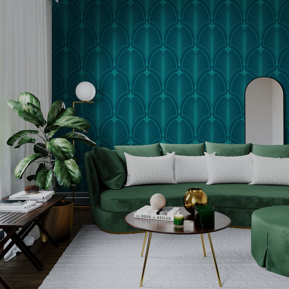 Papier peint bleu canard mur salon