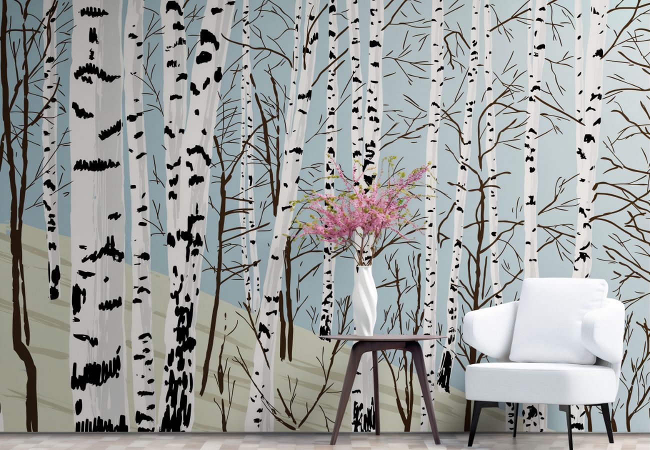 Papier peint Papier peint arbres bouleaux stylisé de scandinave,