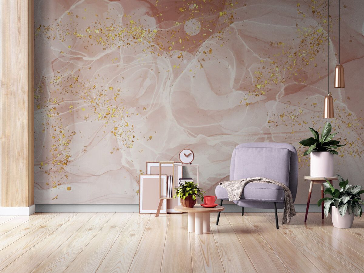 Papier peint Papier peint marbre rose et doré abstrait évoquant douce