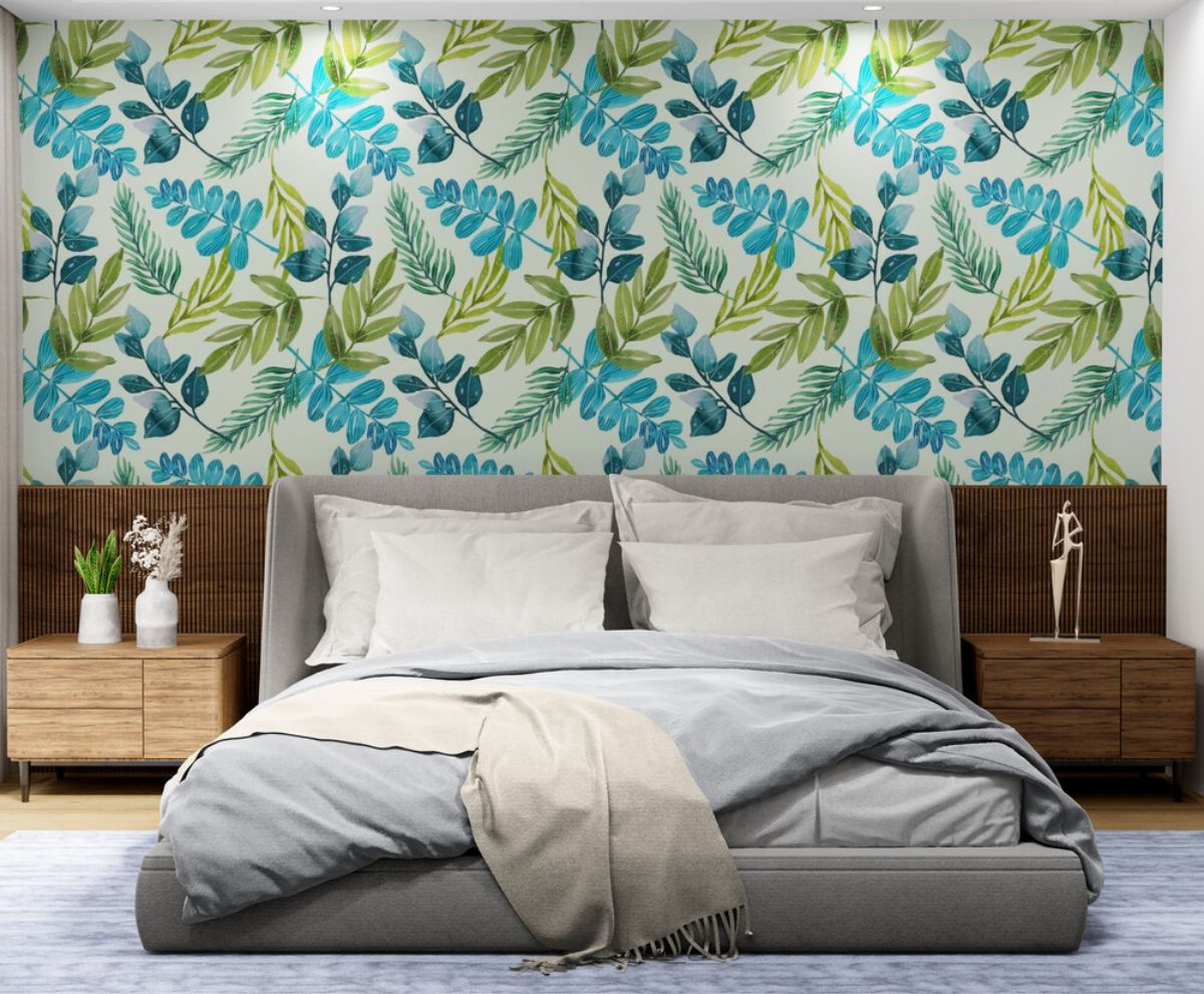 Papier peint Papier peint feuillage bleu vert floral aquarelle évoque