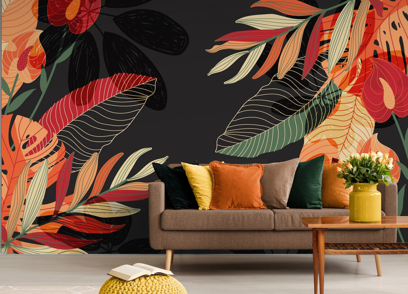 Papier peint Papier peint plantes tropicales sur fond noir tropical audacieux offre