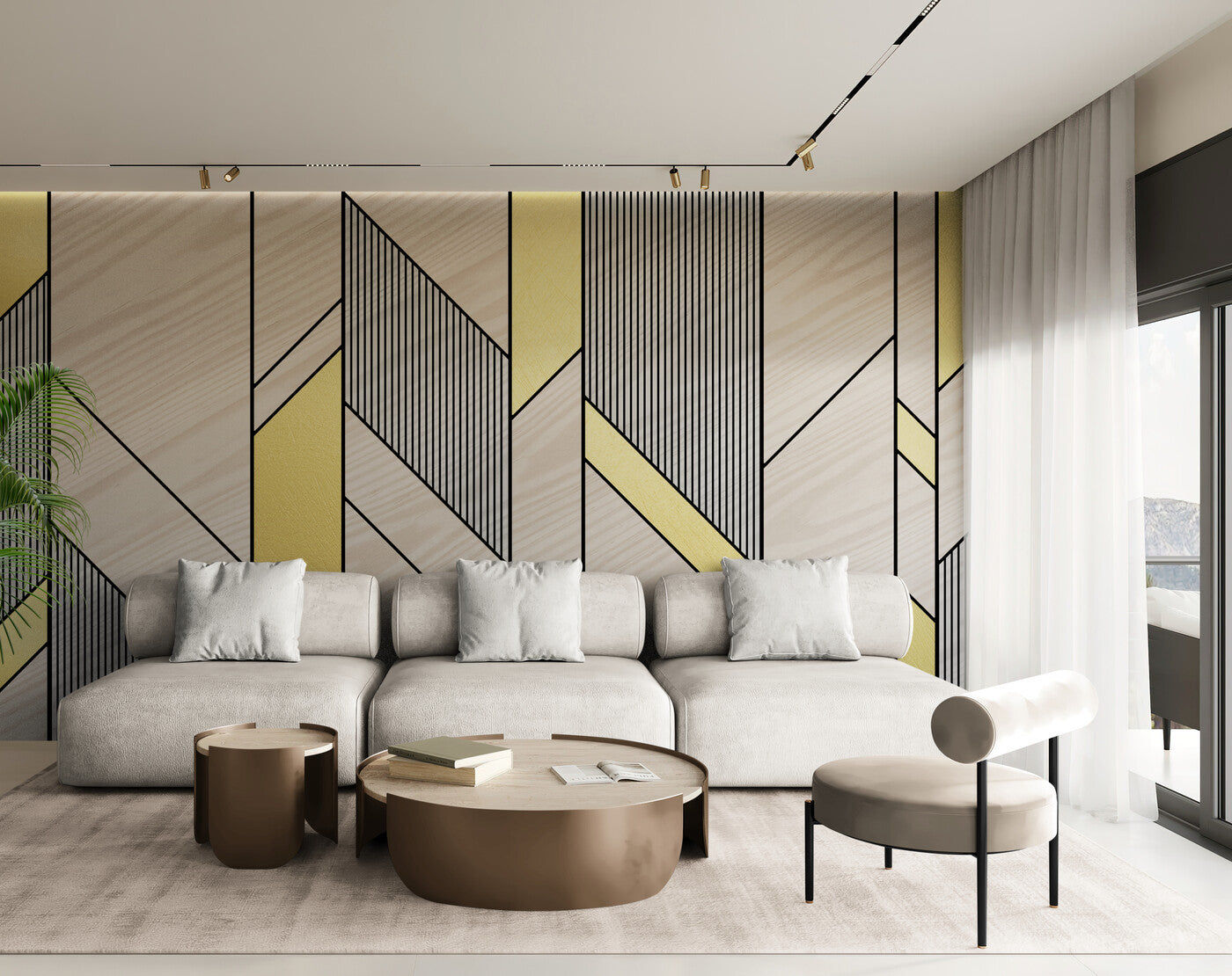 Papier peint Papier peint lignes géométriques marron, gris, blanc et doré géométrique abstrait, scandinave,